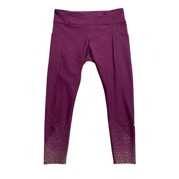 Lululemon Leggings Womens 10 Grape Stuff Stretch Scalloped Hem Pockets Low Rise - Picture 1 of 15